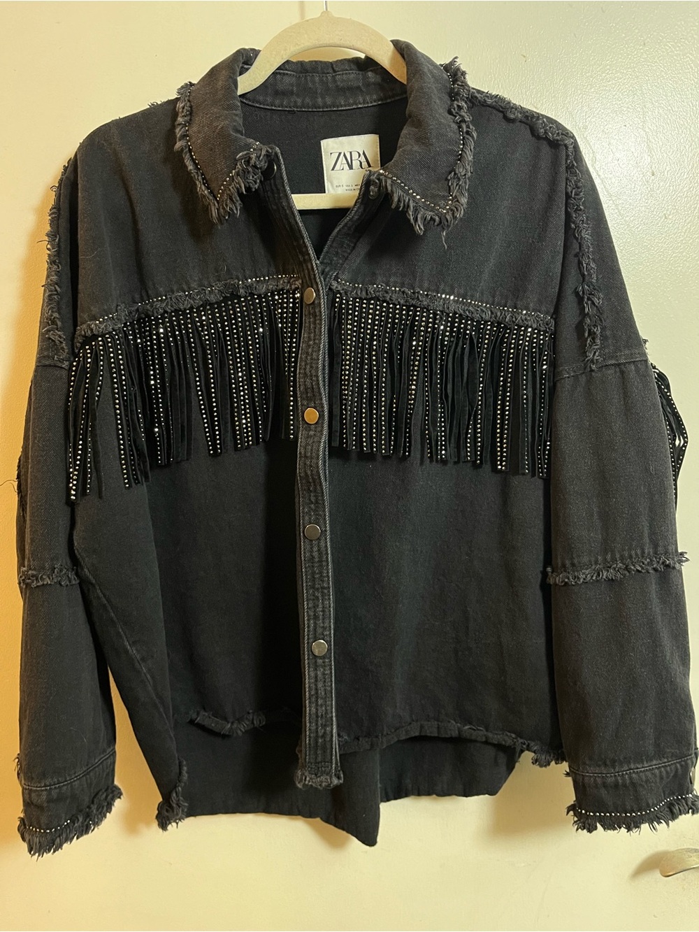 Zara Black Studded Fringe Denim Jacket
